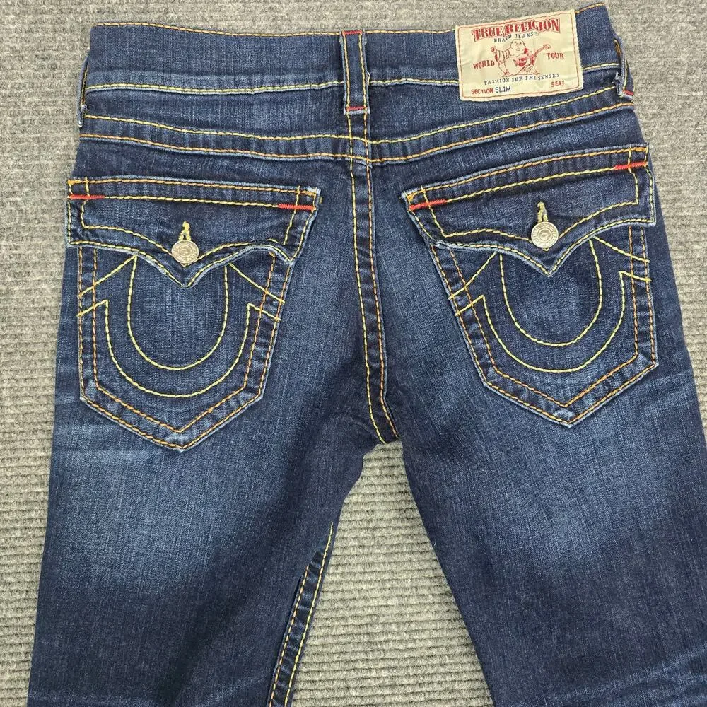 True Religion Jeans Mens 32x33 Slim Flap Big T Dark Wash Red Stitch Denim